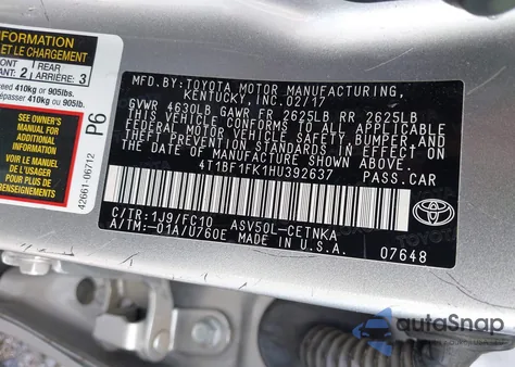 2017 Toyota Camry Le z USA, uszkodzony, nr VIN 4T1BF1FK1HU392637